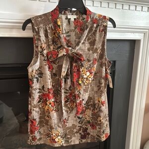 Talbots Red and Brown Tie Front Blouse with Mandarin Collar